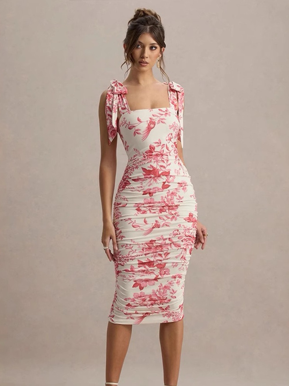Tie-Shoulder Floral Midi Dress in Pink and White